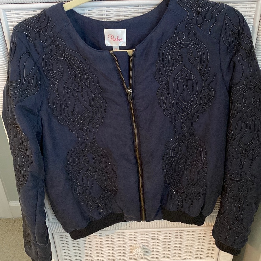 Parker blue silk jacket with small gold bead detail
